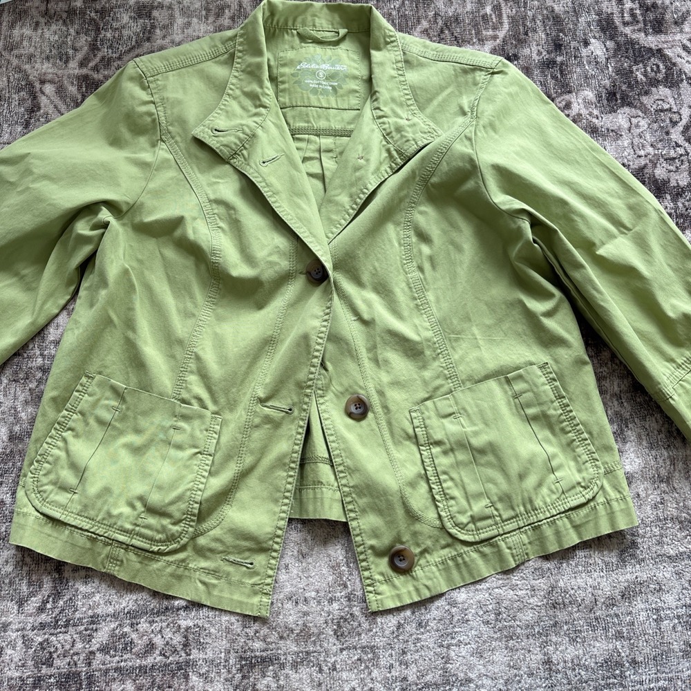 Eddie Bauer Women's Small 100% Cotton 3/4 Sleeve Green Cropped Jacket $50 MSRP